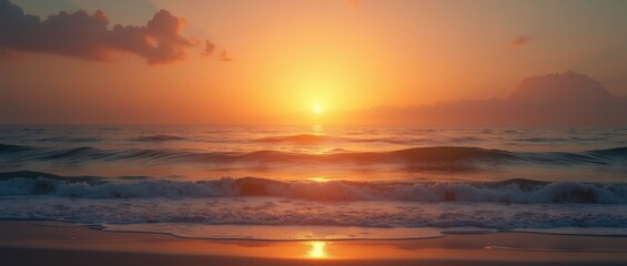 Obraz premium A picturesque beach sunset with waves crashing on the shore