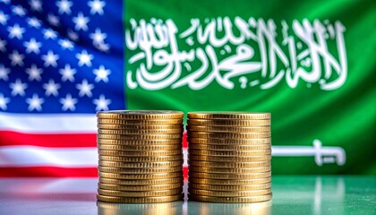 coins in front of American and Saudi flag