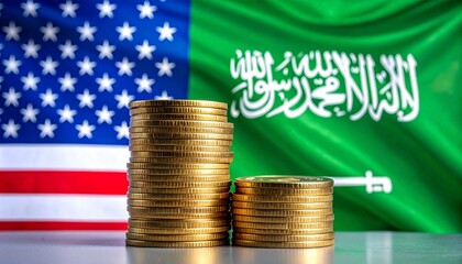coins in front of American and Saudi flag