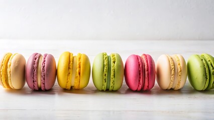 A delightful row of colorful, delicate French macarons, arranged on a white wooden surface, showcasing a variety of pastel shades and textures.