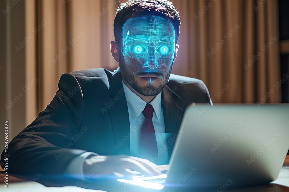Poster man with digital face using a laptop in an office setting
