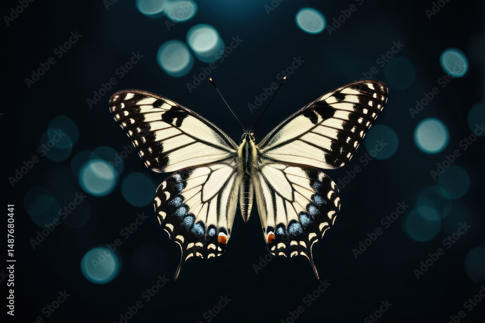 Poster a colorful butterfly sits on a table with a calm and peaceful expression