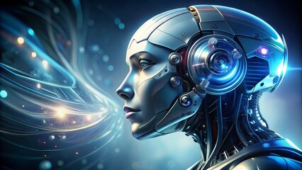 A Futuristic Robotic Head, Profile View, Detailed Mechanical Design, Abstract Background, Glowing Lights, Technological Advancement, Artificial Intelligence Concept
