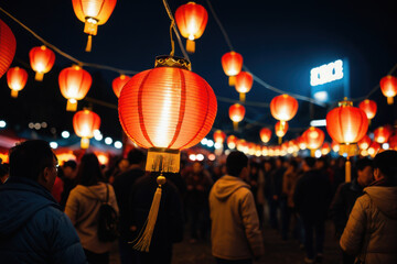 Obraz premium A group of people standing together around a red lantern, perfect for events or celebrations