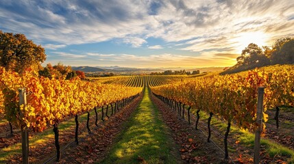Fototapeta premium Expansive vineyard landscape at autumnal sunset.