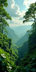 A lush green valley with towering trees and majestic mountains, bathed in sunlight under a blue sky dotted with fluffy