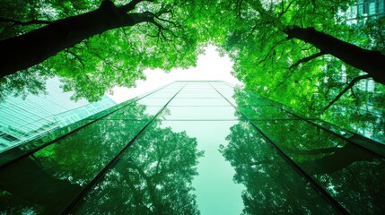Lush green trees reflected on a modern glass skyscraper, symbolizing sustainable urban development
