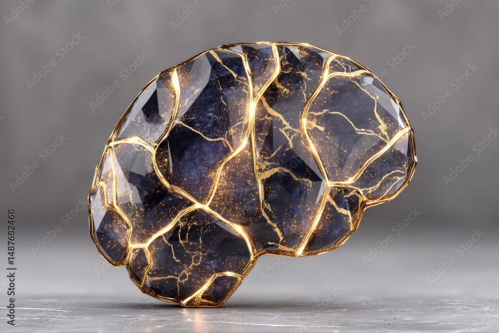 Poster a captivating abstract representation of a crystalline brain shape illuminated with golden veins sym