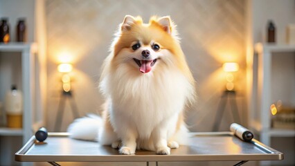 A fluffy Pomeranian dog sits patiently on a grooming table, bathed in warm, soft light