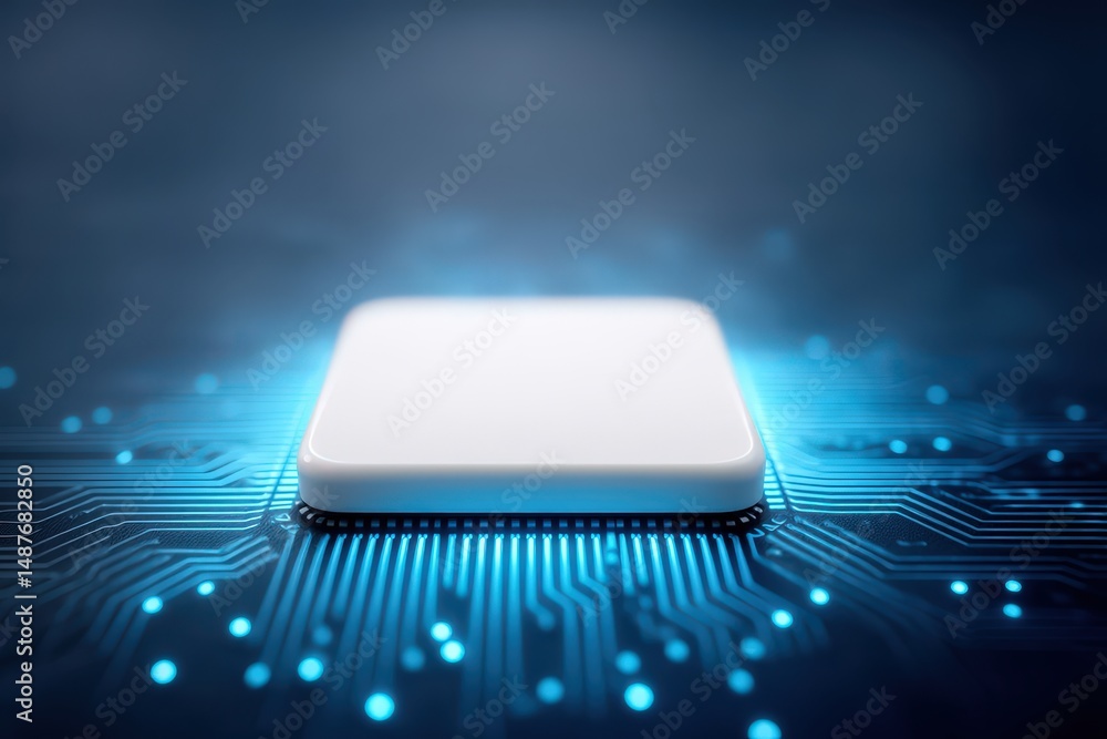 Poster capturing the essence of advanced technology with a minimalist focus on a sleek white microchip surr