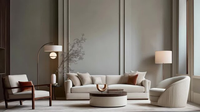 Contemporary interior design in a minimalist living room showcasing cozy furniture and warm lighting