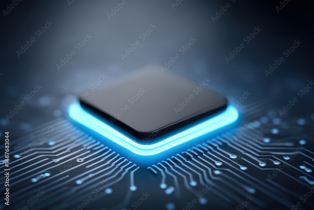 Poster compact semiconductor chip illuminated by blue led lights on intricate circuit board background repr