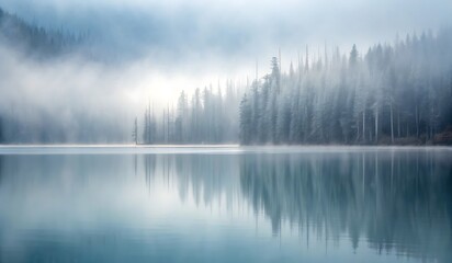 Fototapeta premium Serene Misty Lake with Reflection of Foggy Coniferous Forest