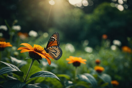 A butterfly sits atop a bright yellow flower - Powered by Adobe