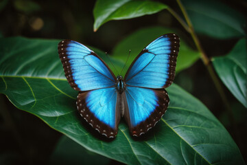 A small blue butterfly perched on the edge of a green leaf