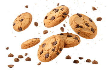 chocolate chip cookies falling isolated on white or transparent png