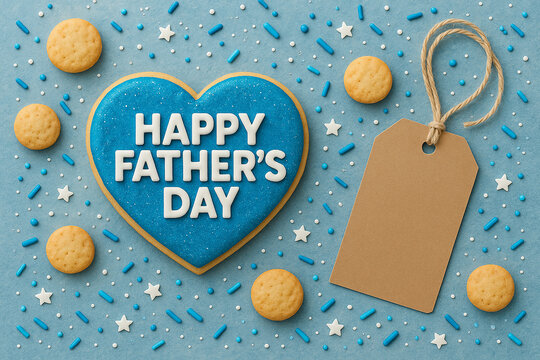 happy fathers day heart cookie with blue icing tag round cookies and sprinkles on blue background for sweet celebration