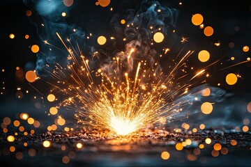 bright sparkling sparks and smoke from a fire