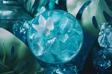 Fototapeta premium A vibrant turquoise drink garnished with a white orchid.