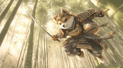Naklejka premium Samurai Shiba Inu Slashing Through the Bamboo Grove