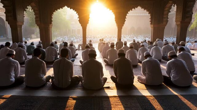 A large group of people are gathered in a room with arches above them, and the sun is shining through the openings. The atmosphere is calm and tranquil, as everyone is sitting and meditating together