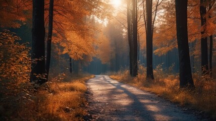 Autumn Trail with Warm Light and Dark Sky, Nature Landscape and Seasonal Scenery