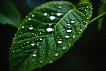 A close-up shot of a green leaf with water droplets glistening on its surface