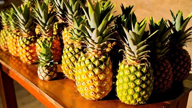 Fresh pineapples with vibrant green crowns create a tropical fruit still life, perfect for healthy eating or summer themed designs.