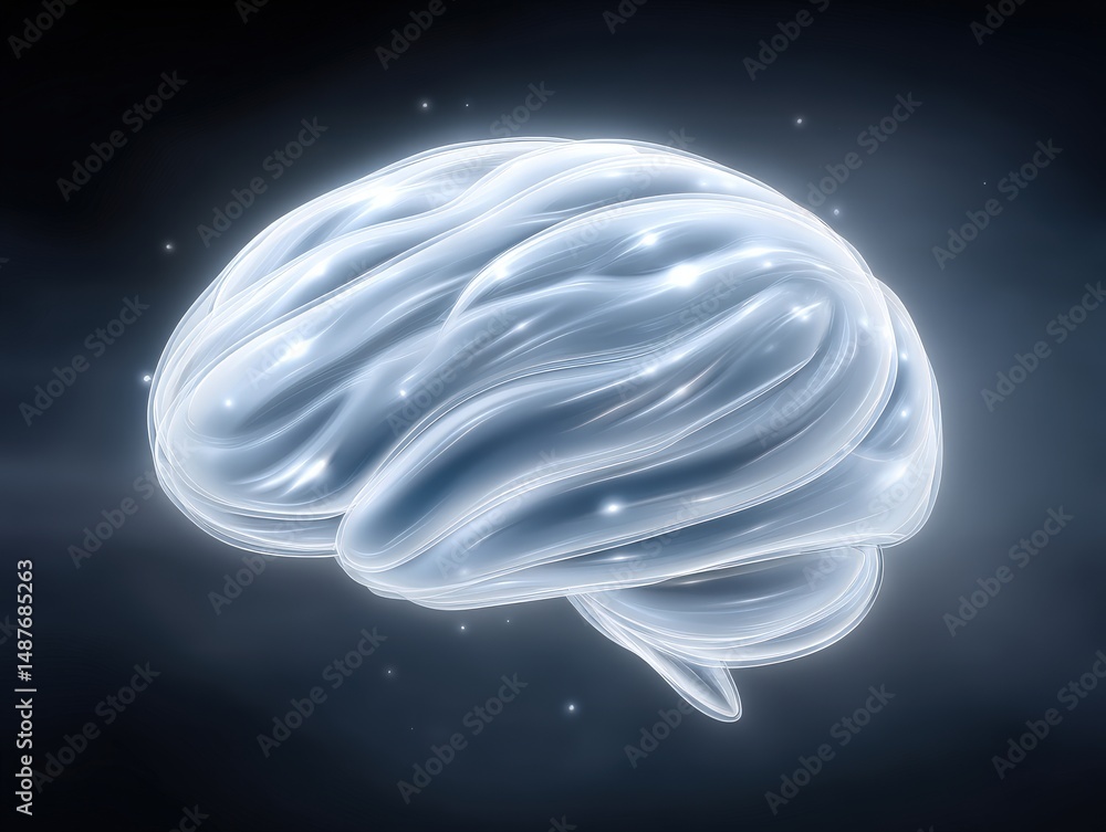 Poster ethereal transparent brain illuminated with a glowing aura representing cognitive innovation alongsi