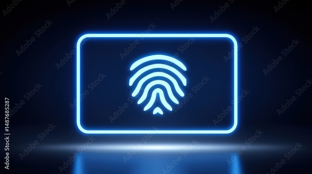 Poster futuristic digital concept showcasing glowing blue fingerprint recognition technology on a dark back