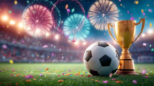 Exciting soccer celebration with fireworks and a trophy at a stadium