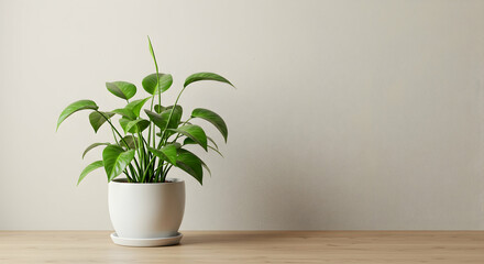 Fototapeta premium plant, green plant, houseplant, Green Plant in White Pot on Wooden Table