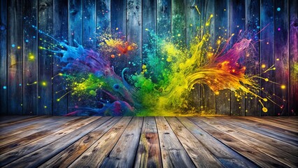 Obraz premium Vibrant Color Explosion on Rustic Wooden Background, Ideal for Creative Design Projects and Artistic Visuals