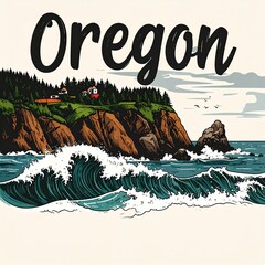 Vintage illustration of oregon coast with rocky cliffs and ocean waves