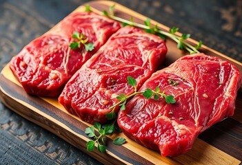 Juicy raw beef steaks on rustic wooden board, garnished with fresh herbs,  raw,  healthy