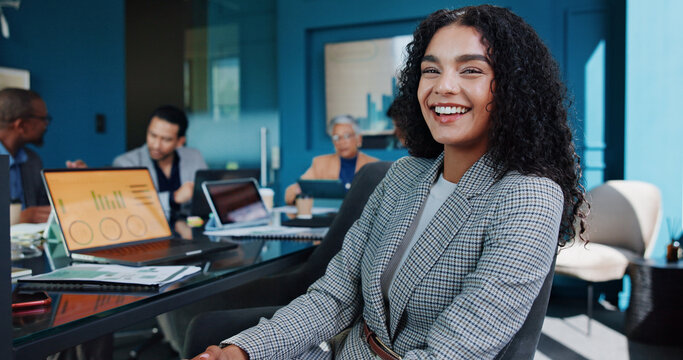 Portrait, smile and business woman in office meeting for finance, investment or quantitative analyst. Corporate, confident professional and happy worker coworking for risk management or data analysis