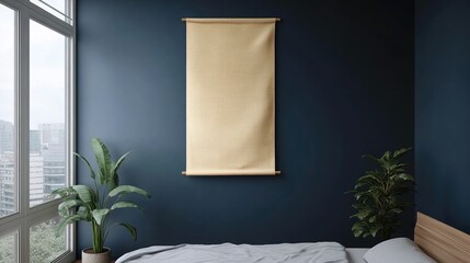 Empty cream colored wall hanging in a modern bedroom.