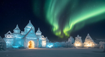 ice castle,  ice hotel,  aurora borealis, Ice Castle Under the Aurora Borealis