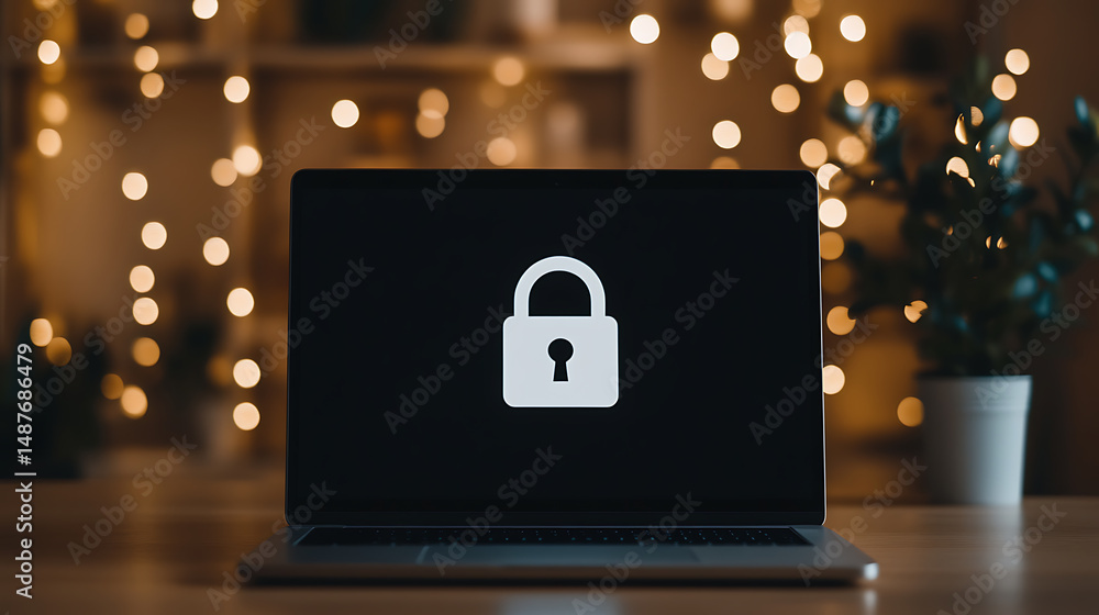 Poster secure laptop: encrypted data on a laptop display with a prominent padlock symbol, symbolizing data 