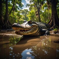 Obraz premium Majestic alligator in sunlit swamp among cypress trees