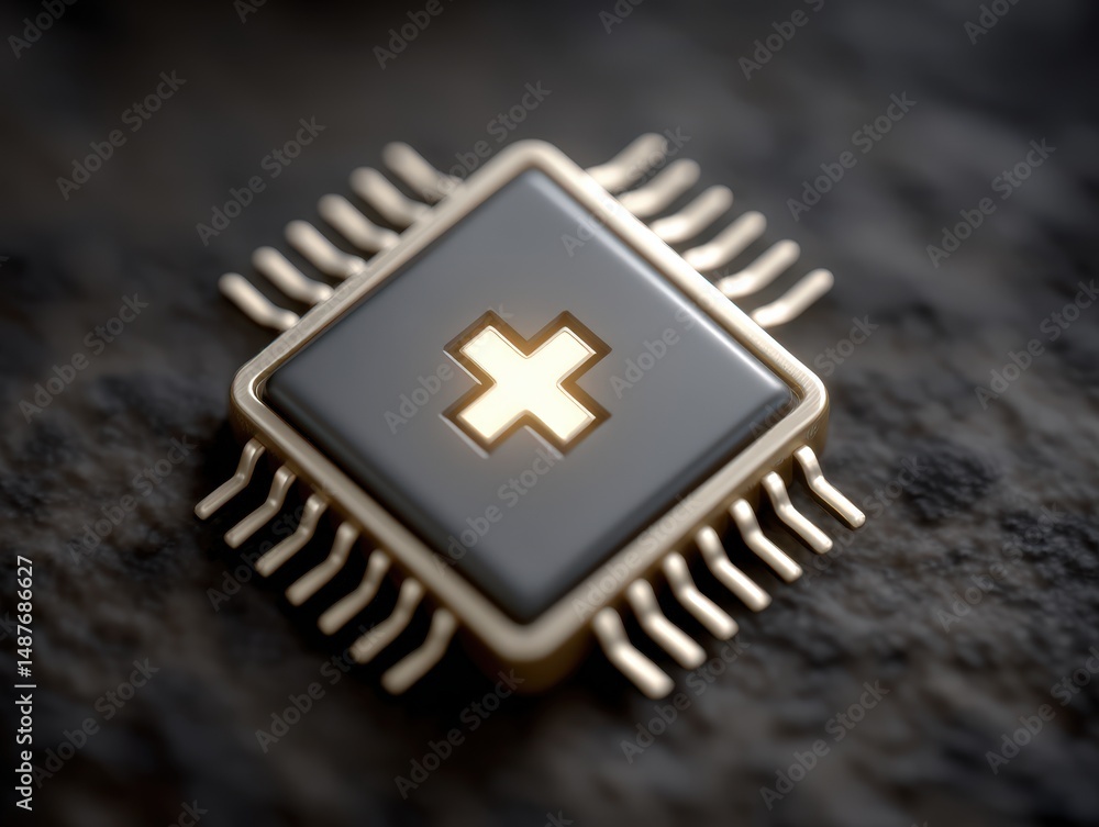 Poster detailed close-up of a shiny microprocessor with intricate gold connections showcasing the latest te