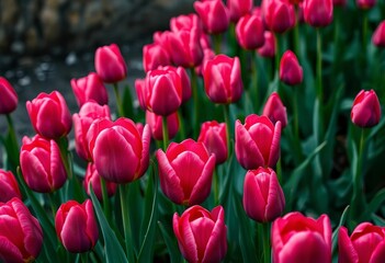 Obraz premium Intense pink parrot tulips bloom, densely packed in a Dutch spring garden Dark, moody close-up, floral, detail