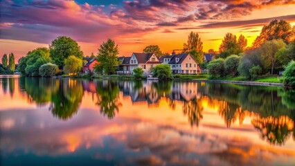 Fototapeta premium Serene Lakeside Houses at Sunset, Reflecting Vibrant Hues of the Sky and Water
