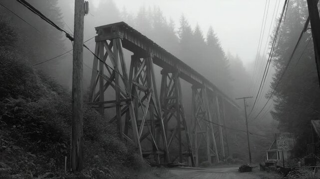 Gray wooden trestle bridge through fog.