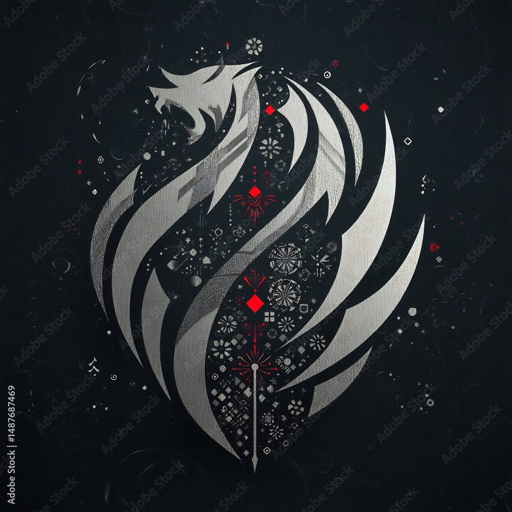 Poster stylized lion emblem with intricate design elements on a dark textured background