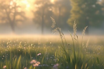 Fototapeta premium Tall Grass and Wildflowers in Early Morning Meadow with Golden Light, Peaceful Nature Scene
