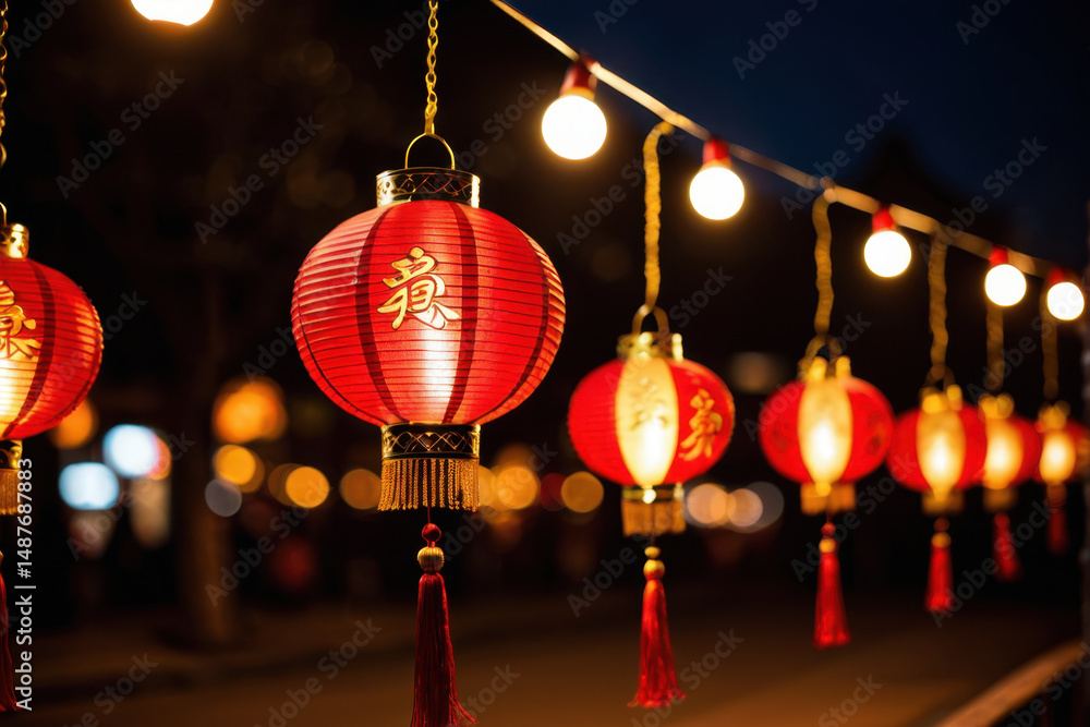 Poster row of red lanterns hanging from a string