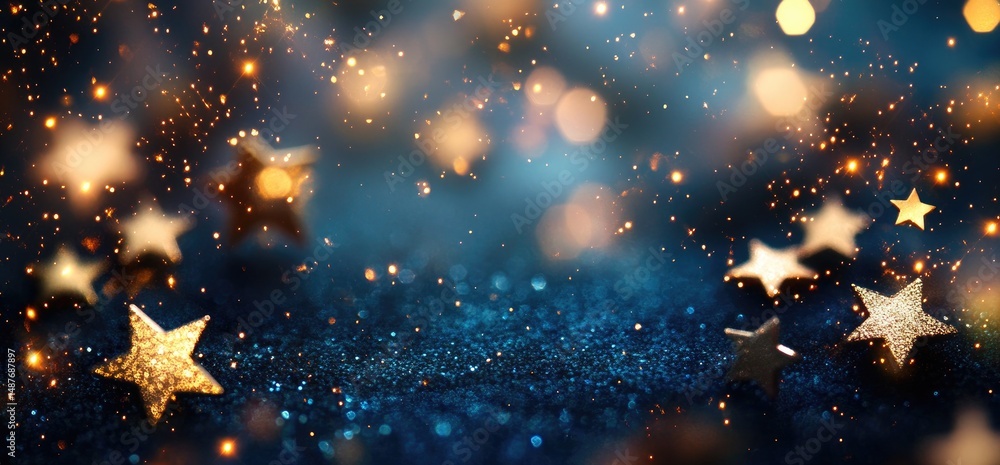 Poster a mesmerizing display of golden and blue bokeh lights shimmering against a dark background. creating