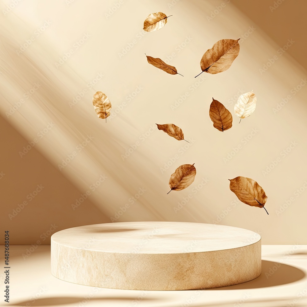 Aufkleber a serene display of golden leaves gracefully suspended above a minimalist platform. illuminated by s