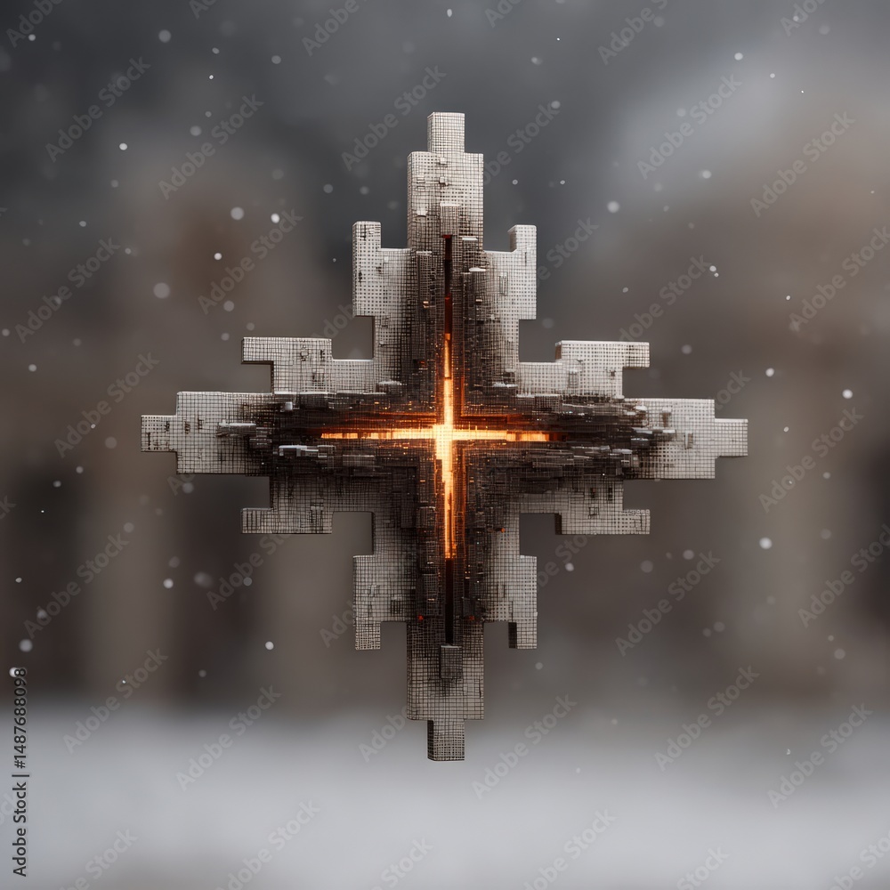 Poster stunning abstract digital cross design illuminated by a warm orange glow against a softly blurred sn